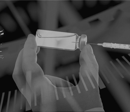 illustration black and white clock hand with vaccine syringe